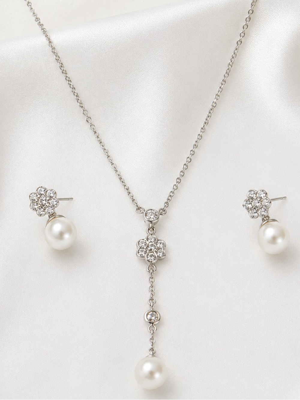 14K Italy White Gold Diamond Pearl Necklace & Earrings Set 1.08 CTW